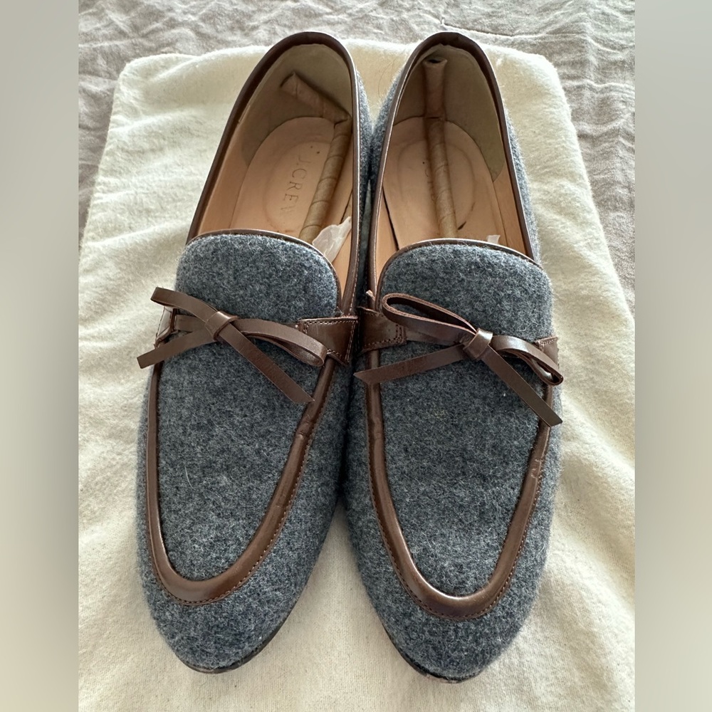 J Crew Grey Loafers with Brown Trim, size 6.5. Calf Hair.